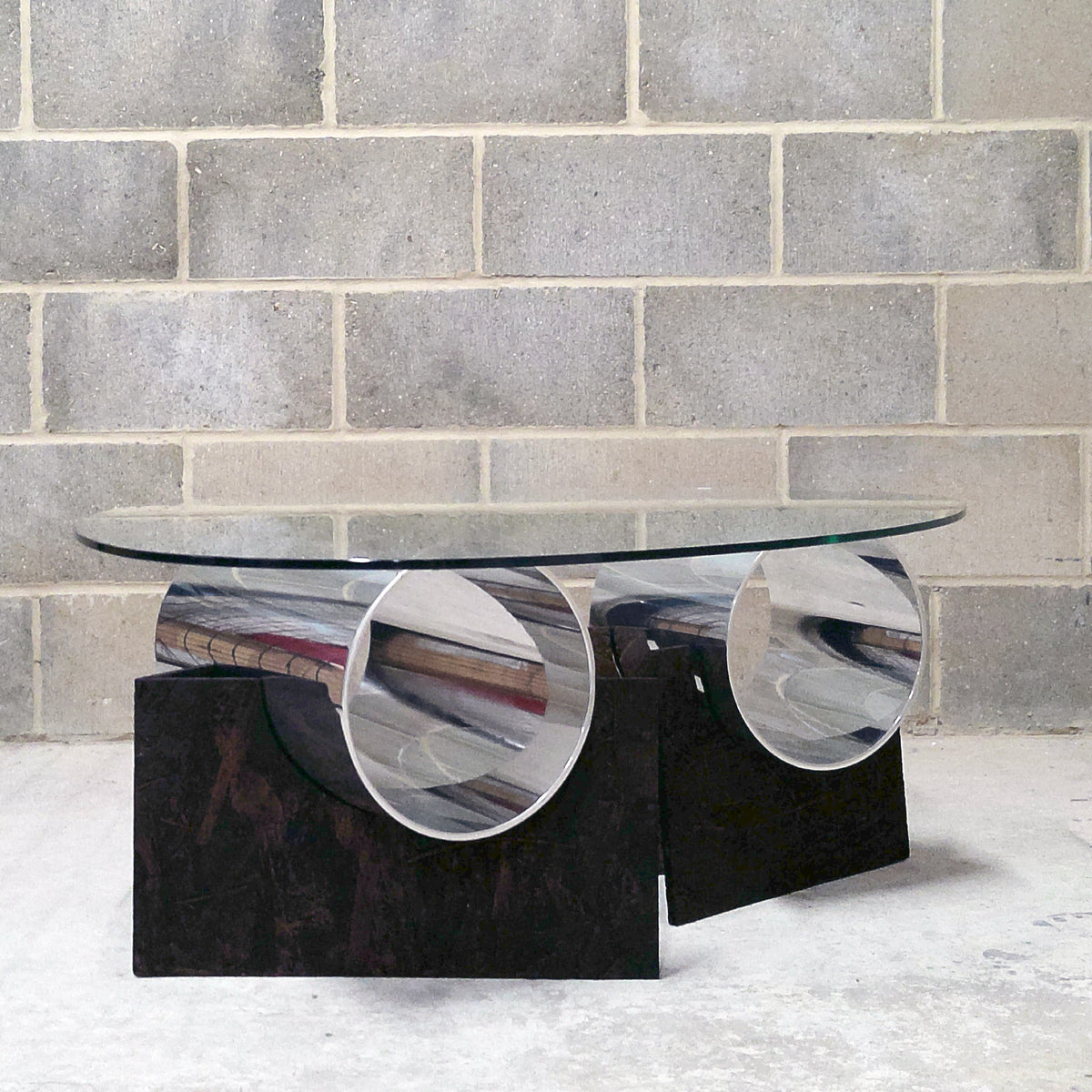 Wood, Metal And Glass Coffee Table